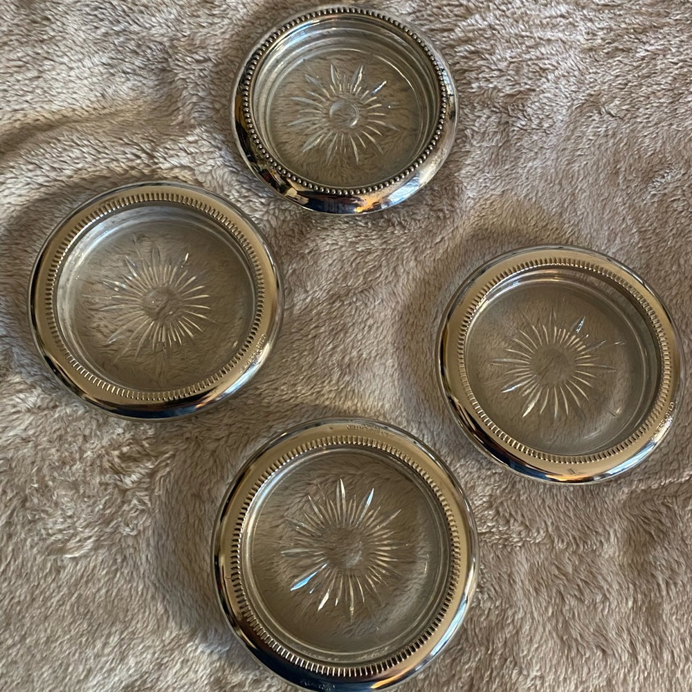 Set of Four vintage Leonardo Silver plate and Glass Coasters.Italy
